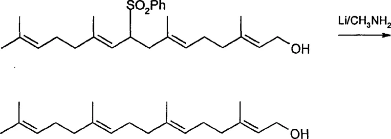 Final reductive desulfonation of 9-sulfone-geranylgeraniol using Lithium/Methylamine to yield Geranylgeraniol