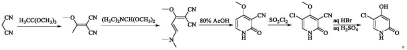 Conventional synthesis route for Gimeracil intermediates using malononitrile and DMF-DMA, highlighting the generation of toxic dimethylamine gas and salt byproducts.