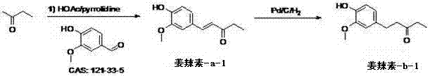 Reaction scheme showing the synthesis of Gingerol-a-1 from Vanillin and Butanone followed by hydrogenation to Gingerol-b-1