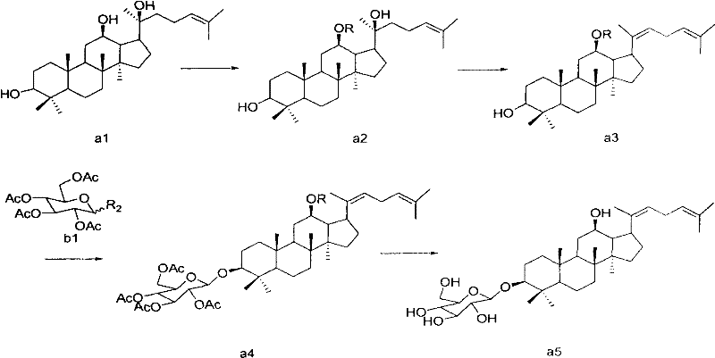 Overall synthetic route from Protopanaxadiol to Ginsenoside Rh3 showing protection, dehydration, glycosylation and deprotection steps