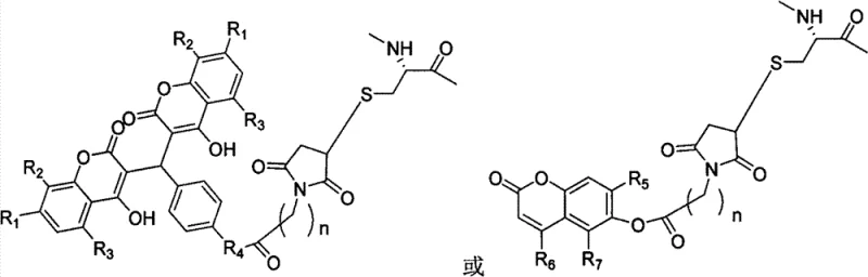 General chemical formula of the GLP-1 analogue showing variable R groups and coumarin linkage