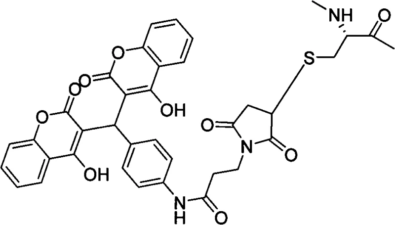 Specific chemical structure of the preferred GLP-1 analogue embodiment modified with coumarin derivative