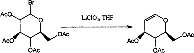 Conventional glucal synthesis using Lithium Perchlorate in THF showing complex reagent requirements