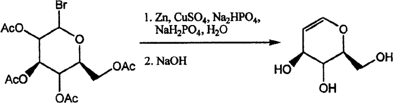 Patented one-pot synthesis of glucal using Zinc and Copper Sulfate in phosphate buffer followed by base hydrolysis