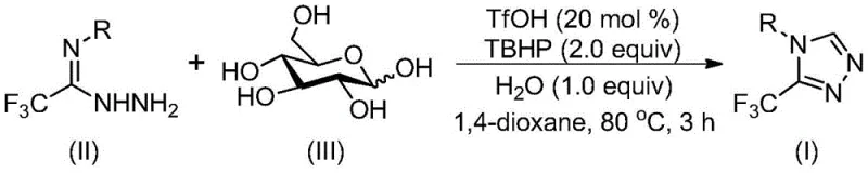 General reaction scheme showing the synthesis of 3-trifluoromethyl-1,2,4-triazole from glucose and hydrazide