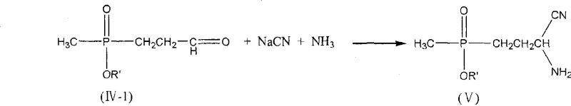 Reaction scheme showing the conversion of methyl phosphonite intermediate IV-1 to aminonitrile V via Strecker reaction