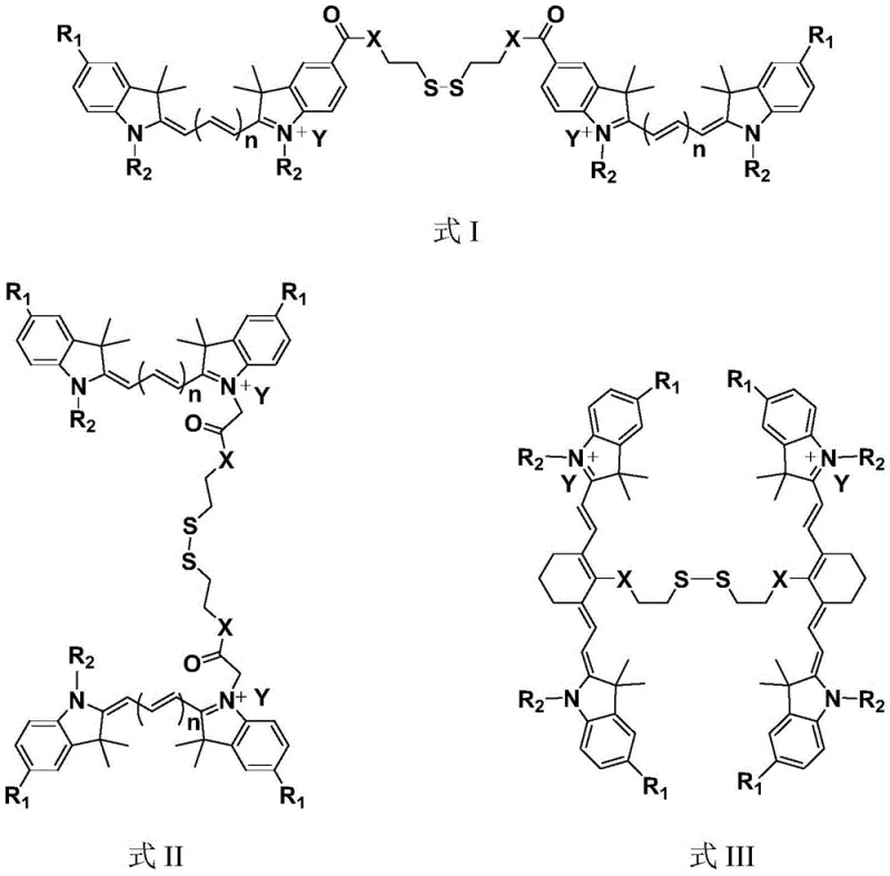 General chemical structures of Formula I, II, and III bi-cyanine dyes