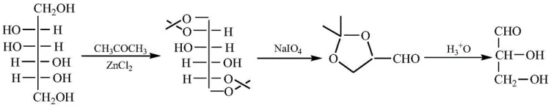 Complex multi-step synthesis route from D-mannitol involving acetonide protection and periodate cleavage
