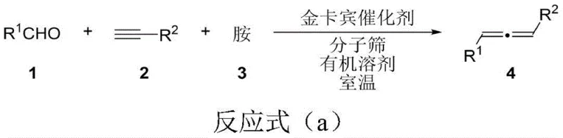 General reaction scheme for the synthesis of 1,3-disubstituted allenes from aldehydes, alkynes, and amines using gold carbene catalyst