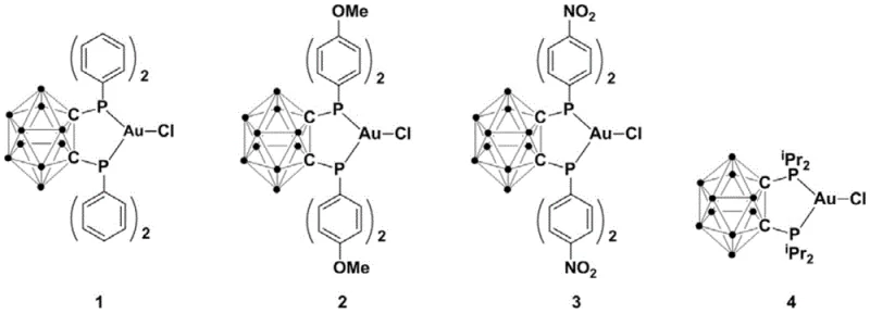 Specific structures of gold complexes 1-4 with varying phosphine substituents