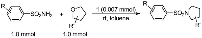 Substrate scope showing various sulfonamides and tetrahydrofurans reacting to form N-sulfonyl pyrrolidines