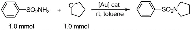 General reaction scheme showing the synthesis of N-sulfonyl pyrrolidine from sulfonamide and tetrahydrofuran using gold catalyst