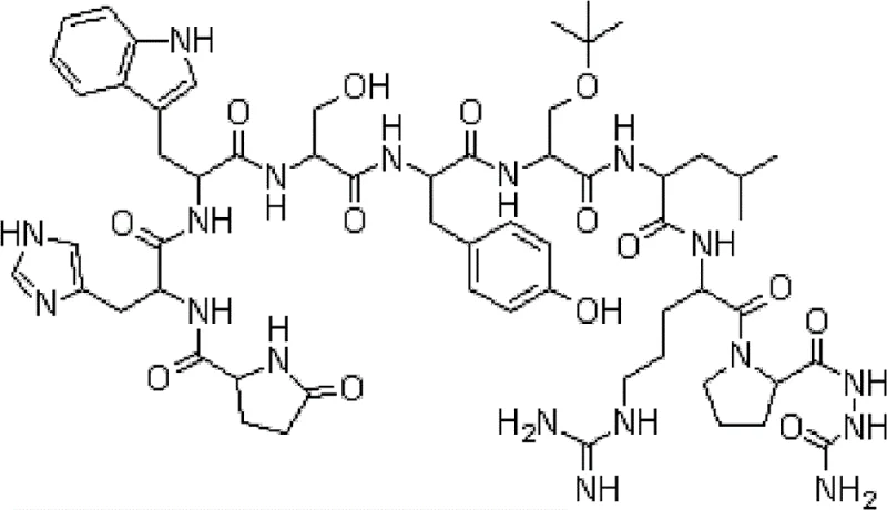 Chemical structure of Goserelin showing the complex peptide sequence and Azgly moiety