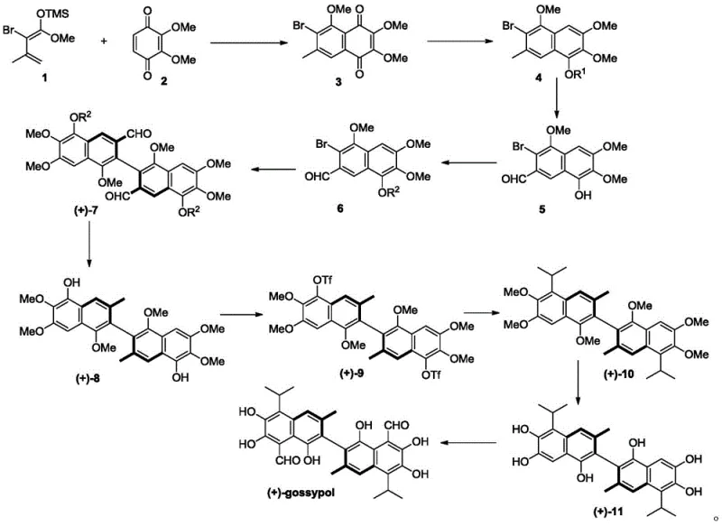 Full synthetic route overview for (+)-gossypol showing 10 steps