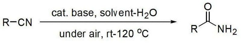 General reaction scheme for base-catalyzed nitrile hydrolysis to primary amides under air conditions