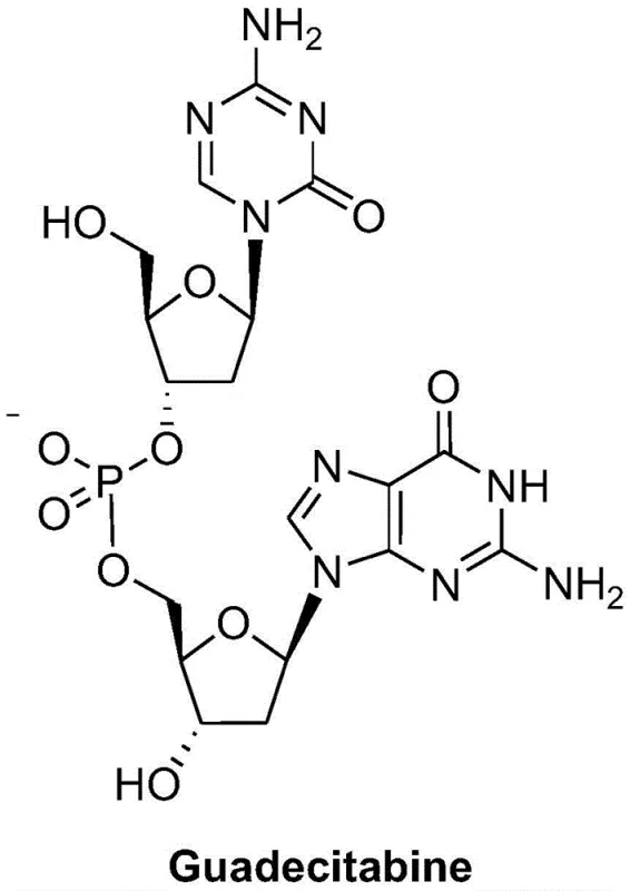 Chemical structure of Guadecitabine showing the dinucleotide linkage between decitabine and deoxyguanosine