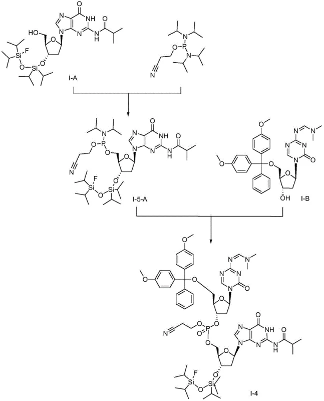 Specific coupling reaction scheme converting intermediates I-A and I-B into the key phosphate intermediate I-4