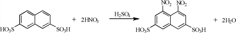 Reaction scheme showing sulfonation of naphthalene to 2,7-naphthalene disulfonic acid followed by nitration to 1,8-dinitro-3,6-naphthalene disulfonic acid