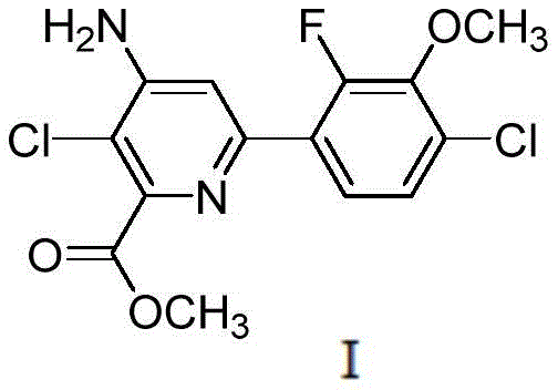 Chemical structure of Fluorochloropyridine ester (Halauxifen-methyl) showing the pyridine and phenyl rings with chloro, fluoro, and methoxy substituents