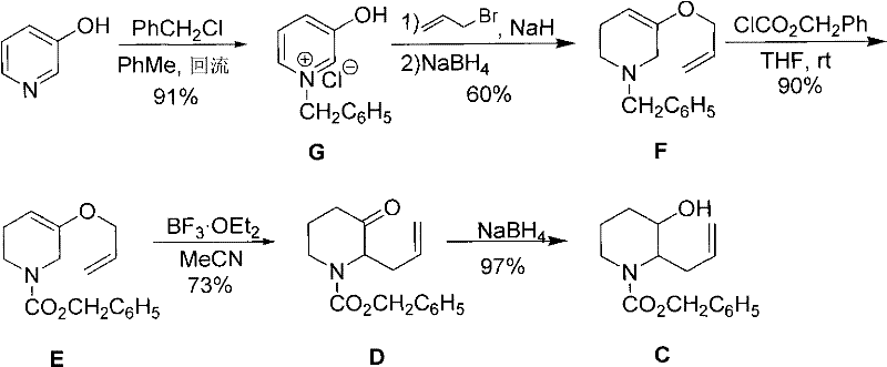 Prior art synthetic route by Takeuchi showing multi-step sequence from G to C
