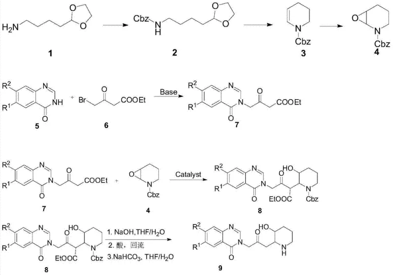 Overall synthetic route for Halofuginone from 5-aminovaleraldehyde acetal