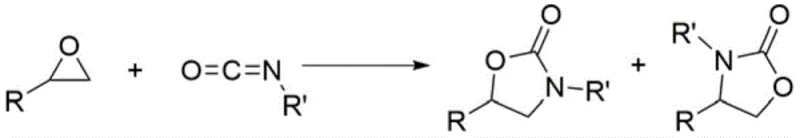 Reaction scheme showing the formation of two different oxazolidinone isomers from epoxide and isocyanate due to nucleophilic attack sites