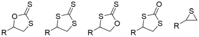 Complex reaction pathway of epoxide with carbon disulfide showing multiple potential byproducts due to sulfur-oxygen exchange
