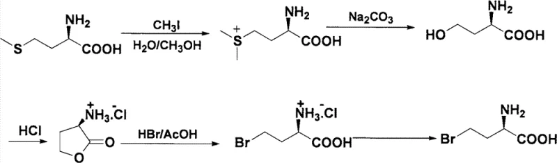 Conventional chemical synthesis route for L-4-bromo-2-amino-butyric acid from L-Methionine involving methylation and dehydration steps