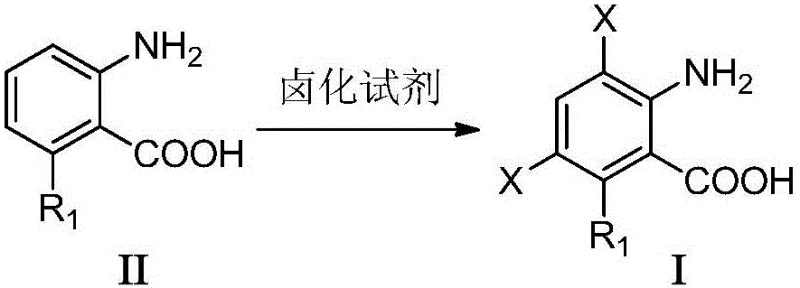General reaction scheme for halogenated anthranilic acid synthesis