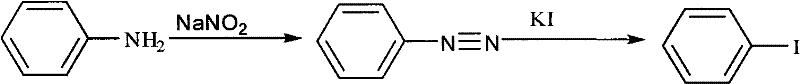 Conventional diazotization route for iodobenzene synthesis showing harsh conditions