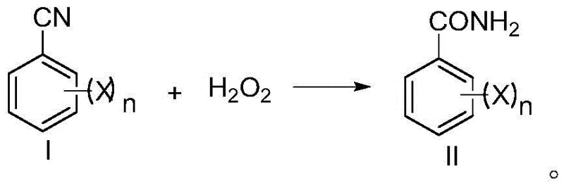 Reaction scheme showing the conversion of halogenated benzonitrile (Formula I) to halogenated benzamide (Formula II) using hydrogen peroxide and base in water