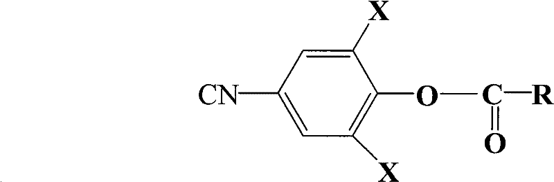 General structural formula of halogenated benzonitrile ester series compounds showing variable alkyl chains and halogen substituents