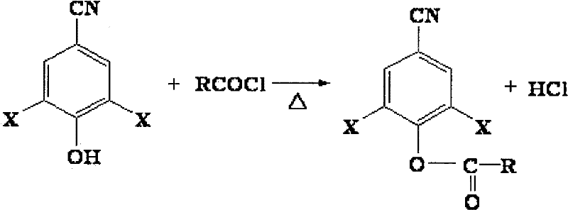 Esterification reaction scheme converting halogenated benzonitrile to ester using RCOCl