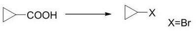 Prior art reaction scheme showing decarboxylative halogenation of cyclopropanecarboxylic acid
