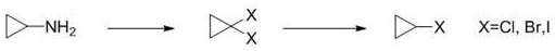Novel two-step synthetic route from cyclopropylamine to halogenated cyclopropane via diazotization and metalation