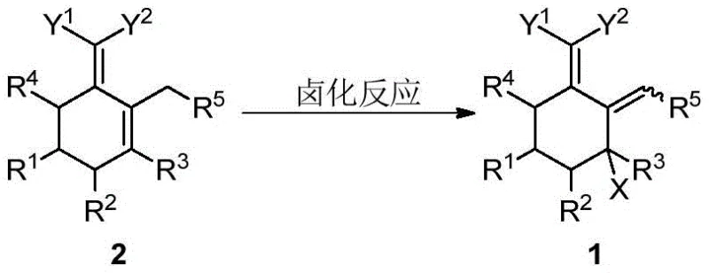 Chemical reaction scheme showing the halogenation of conjugated diene compound 2 to form halogenated compound 1