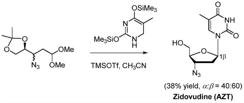 Comparative example showing poor selectivity in traditional Vorbrüggen glycosylation for Zidovudine synthesis