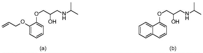Chemical structures of beta-blocker drugs Oxprenolol and Propranolol highlighting the allylamine motif