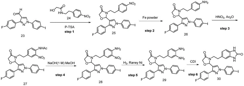 Prior art synthetic route showing nitration and low yield steps