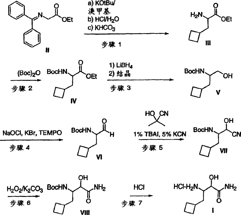 Complete reaction scheme showing all 7 steps from starting material to final HCl salt