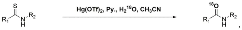 Conventional mercury-catalyzed synthesis of 18O-labeled amides showing toxic reagents