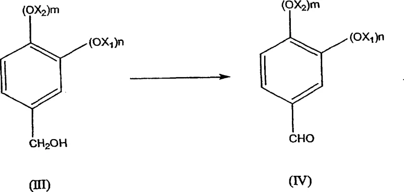 Oxidation of alcohol III to aldehyde IV using air and catalyst