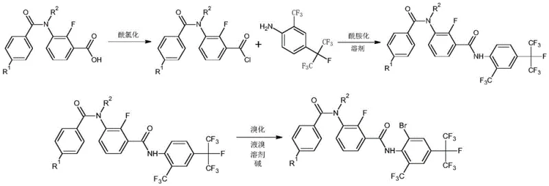 Final synthesis route converting intermediates to heptafluoroisopropyl bisamide compounds
