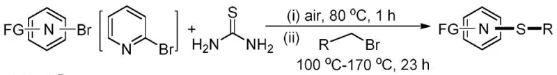 General reaction scheme for synthesizing heteroaryl sulfides using 2-bromopyridine, thiourea, and alkyl bromides