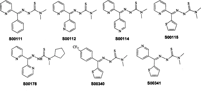 Chemical structures of representative heteroaryl thiosemicarbazone derivatives including S00111 and S00340