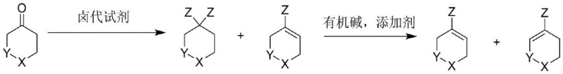 General reaction scheme showing conversion of heteroatom cyclohexanone to cyclohexene halide via halogenation and elimination