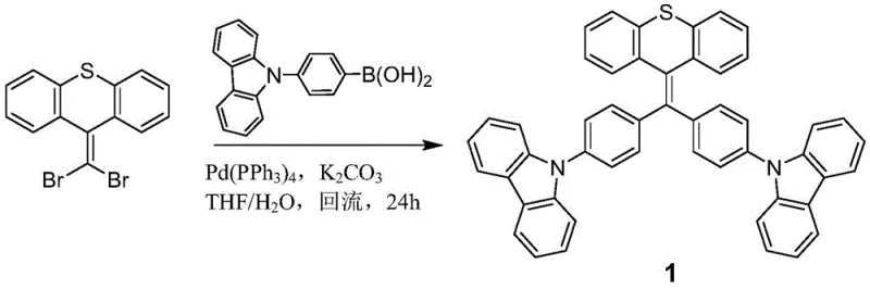 Suzuki coupling reaction scheme for synthesizing carbazole-substituted thiobridged tetraphenylethylene