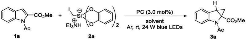 Specific example reaction converting indole derivative 1a to cyclopropane 3a using photocatalyst and LEDs