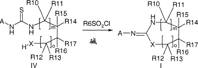 Reaction scheme showing the conversion of thiourea formula IV to heterocycle formula I using sulfonyl chloride and base