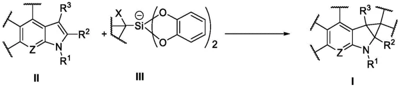 General reaction scheme showing the photocatalytic conversion of heterocyclic compound II and silicon reagent III to cyclopropane product I